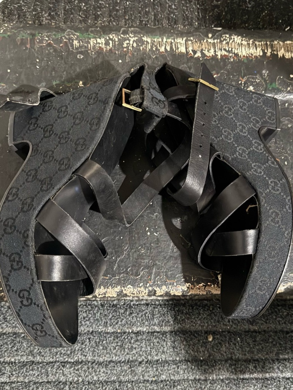 Gucci Black Monogram Platform Wedge Sandals